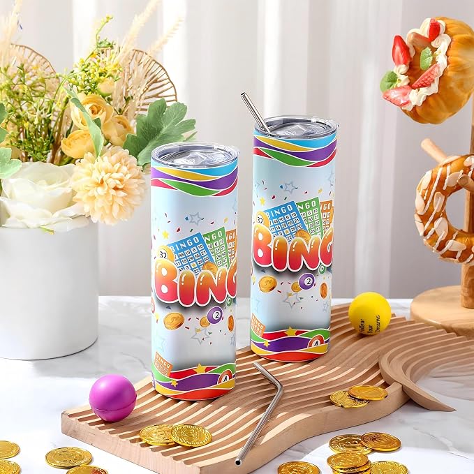 Geiserailie 4 Pack Bingo Tumbler Cups 20 oz Game Gifts Stainless Steel Tumbler with Lids Prizes for Seniors Mom Grandma Dad (Classic)