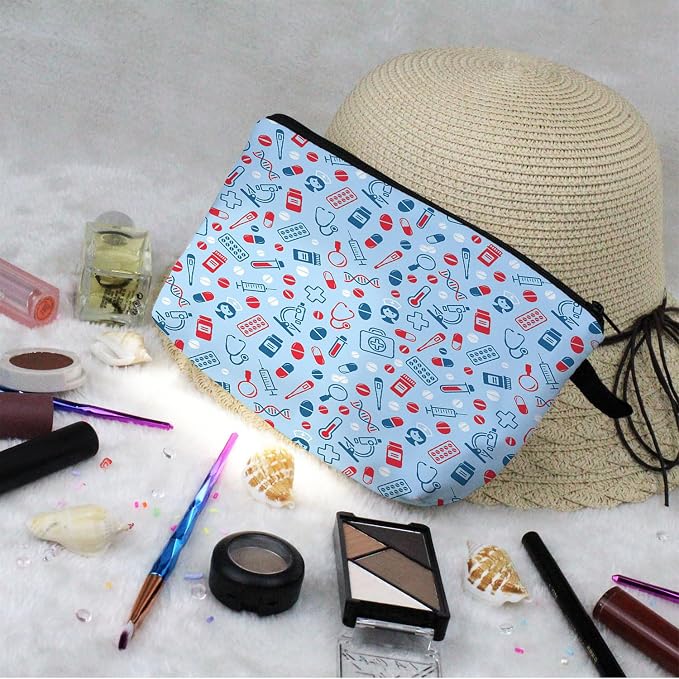 Livel lhood Blue Medical Supplies Small Makeup Zipper Bag | Blue Medical Supplies Printed Cosmetic Organizer Pouch, Medical Theme Gift for Women Friends, Cute Travel Toiletry Bag