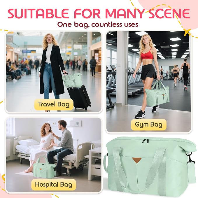 Duffle Bag for Travel, Carry-on Travel Bag with Trolley Sleeve, Sport Gym Bag for Women, Overnight Bag for Men, Hospital Bag for Labor and Delivery (Green)