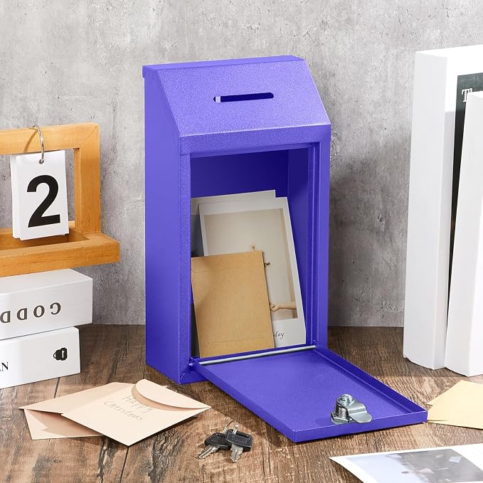 Yaocom Metal Money Box,Purple,10.24 x 5.71 x 2.95 Inch,No Lid | Wall Mounted Drop Donation Cash Box for Farm Stand Collection Safe Suggestion Box with Lock Container for Home Office Outdoor