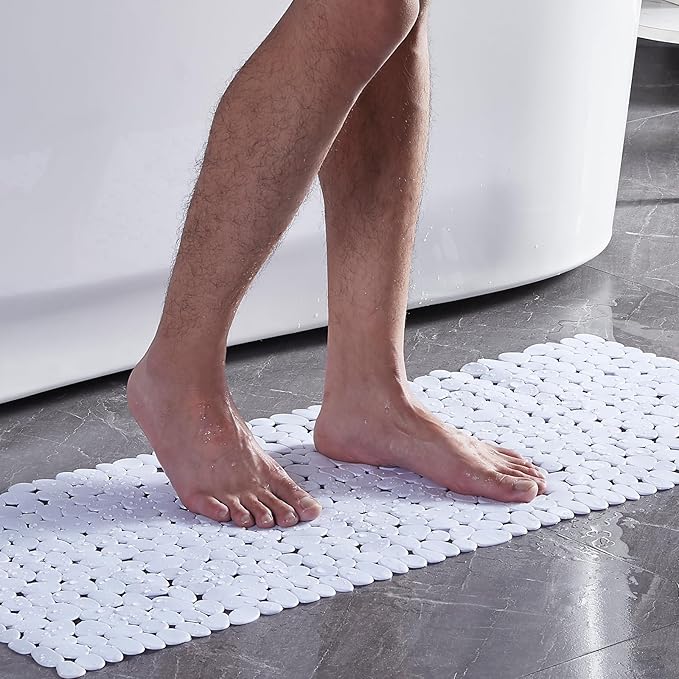 Bath Shower Mat Non Slip: Extra Large Pebble Bathtub mat for Kids, Elderly, Anti Slip Shower Matt with Drain Holes Suction Cups Tub Mat - 16 X 40 Inch White