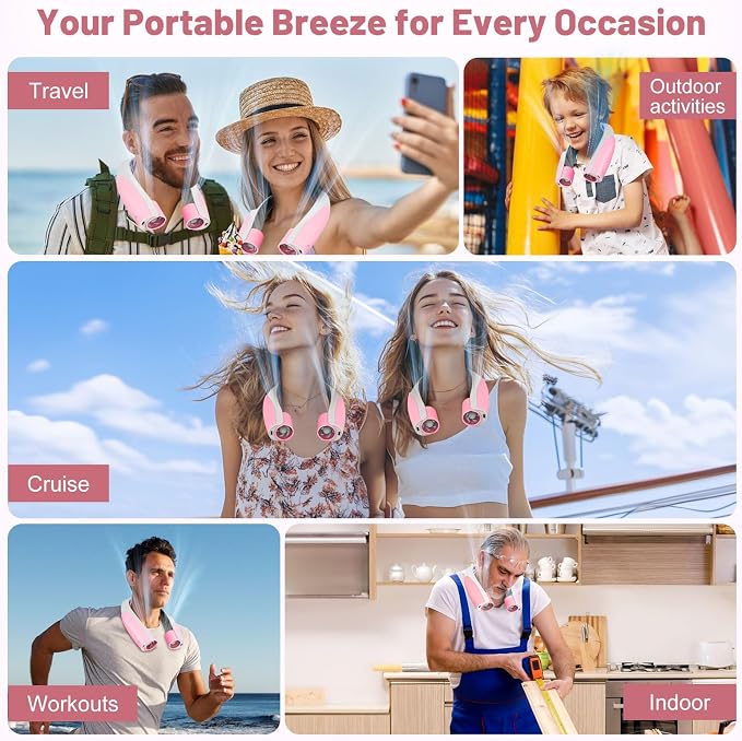 Portable Neck Fan with 6 Powerful Speeds, 8000mAh Battery Rechargeable Fan | 20H Runtime, Hands-Free 360° Cooling Personal Wearable Neck Fan, Gift for Women Travel Concerts(Pink)