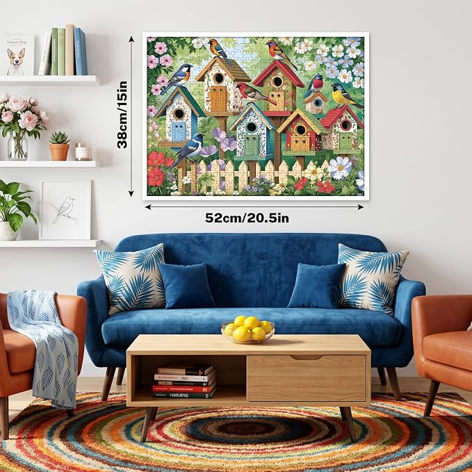 500 Piece Jigsaw Puzzle for Adults, Colorful Garden Birds & Birdhouses | Vibrant birds and blooming flowers for family game night, screen-free fun, wall decor, and gifts for adults and seniors