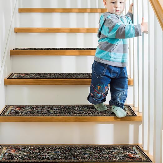 Tree of Life Stair Treads 15 Pack Non Slip Washable Runner | 15PCS Tree of Life Runners Non Slip Washable, Peacocks Deer Rug Carpet 8x30 Inch, Stairs Silicone Backing
