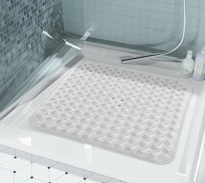 Yimobra Square Shower Mat Non Slip, Super Strong Suction Cups, 21"x21" Bath Tub Mat with Drain Holes, Machine Washable Fast Draining Bath Mats, Bathroom Essentials,Clear