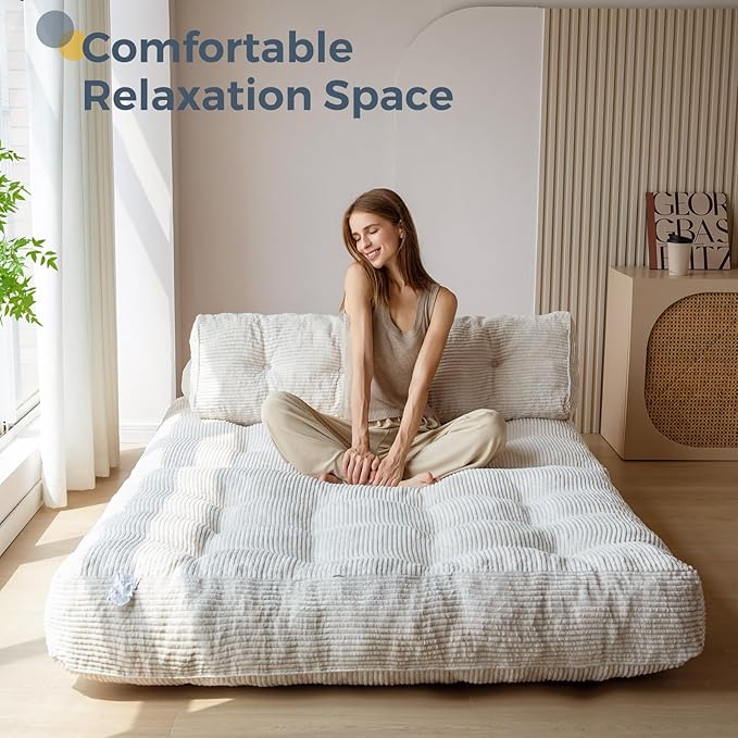 MAXYOYO Folding Sofa Bed, Convertible Sleeper Chair with Pilow Foldable Matress with Back Support, Portable Fold Out Chair Bed Comfy Floor Sofa Lounge for Living Room Bedroom, Beige, Double