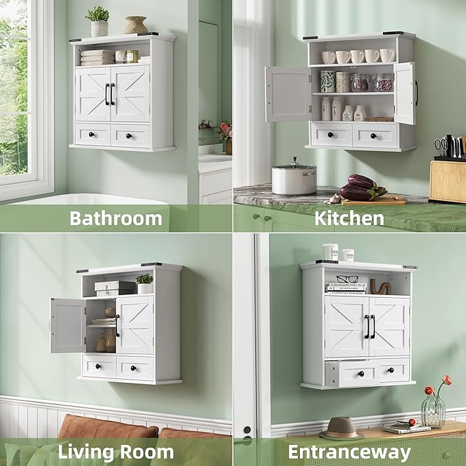 Bathroom Wall Cabinet, 23x25 Inch Farmhouse Medicine Cabinet Over Toilet with Drawer 2 Doors, Motion Lighting & Adjustable Shelves, White Above Toilet Storage for Laundry, Kitchen