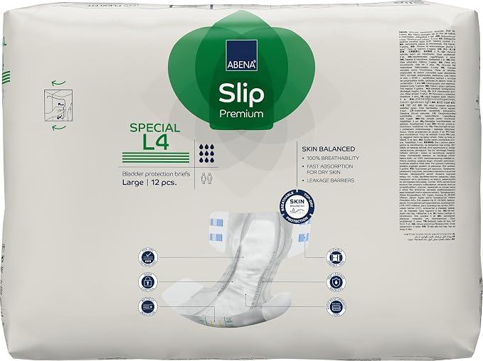 Abena Classic Design Adult Diapers, Slip Special Premium Incontinence Briefs, Heavy Absorbency, Level 4, Large, 12 Count