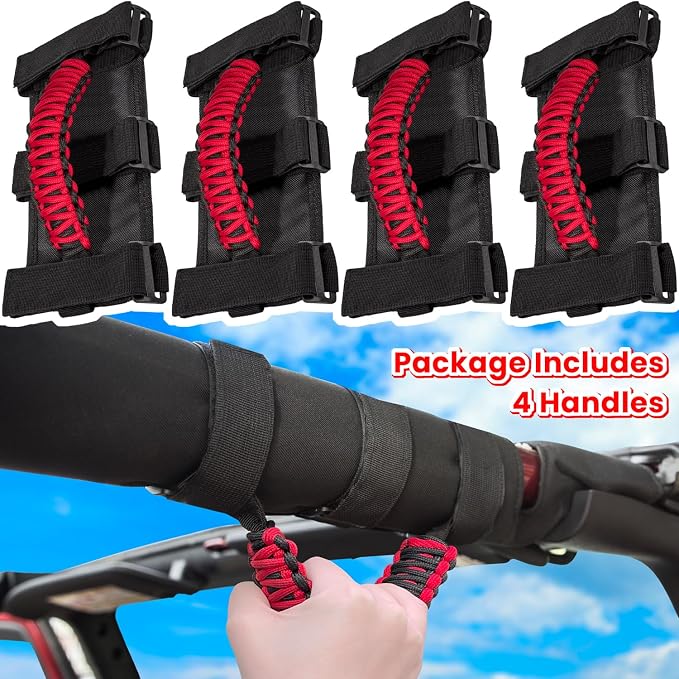 4 x Roll Bar Grab Handles Grip Handle for Jeep Wrangler JK JKU JL JLU TJ YJ Sports Sahara Freedom Rubicon Unlimited Gladiator JT 1955-2023 UTV ATV Premium 550 Paracord Interior Accessories (Red)