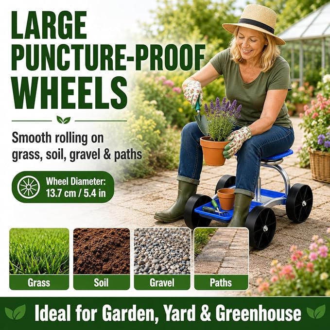 Rolling Garden Seat with Wheels, Adjustable Garden Scooter Stool with Backrest,Garden Cart with Tool Storage Tray & Backpack, Gardening Work Seat for Weeding, Planting, Yard Work (Without Backpack 3)