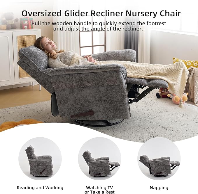 Oversized Glider Rocker Recliner, 24" Extra Wide 360° Swivel Nursery Recliner with Adjustable Headrest, Chenille Rocking Nursery Chair with Overstuffed Armrest, Lumbar Support, Dark Grey