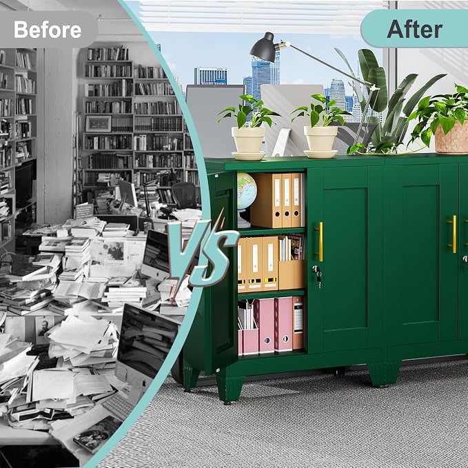 pozdeg 35.43" Metal Storage Cabinet with Lock, Metal File Cabinet with 2 Doors & 2 Adjustable Shelves, Steel Locker Utility Tool Garage Cabinets for Home, Office, Warehouse (Green)