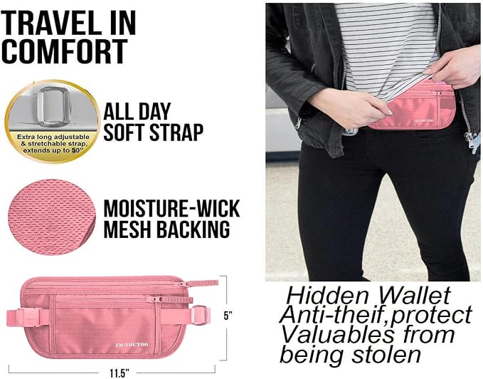 Money Belt for Travel - Hidden Travel Pouch Protect Your Credit and Money With RFID Blocking Passport Holder Waist Wallet (Pink)