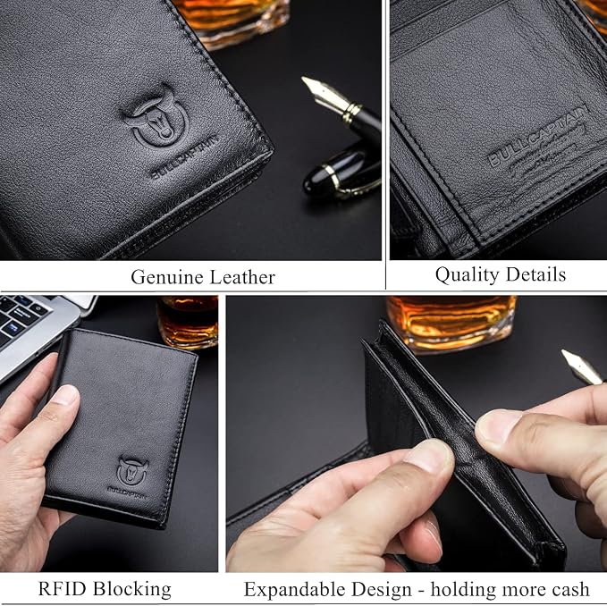 BULLCAPTAIN Large Capacity Genuine Leather Wallet for Men QB-027 | Bifold Wallet,RFID Blocking,Credit Card Holder,15 Card Slots,Special Expandable Design,gift choice