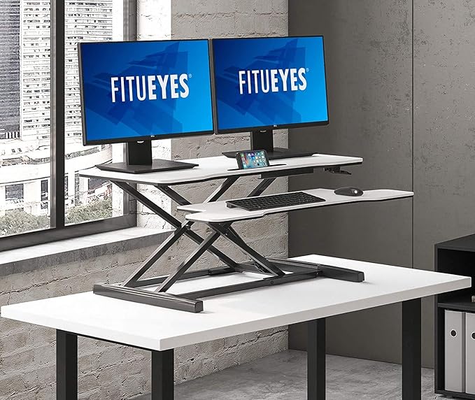FITUEYES Height Adjustable Standing Desk 36” Wide Sit to Stand Converter Stand Up Desk Tabletop Workstation for Laptops Dual Monitor Riser White SD309103WW