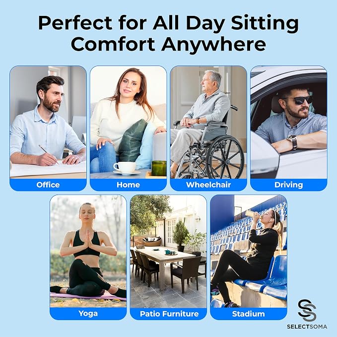 SelectSoma Gel Seat Cushion for Long Sitting, Pressure Relief for Sciatica, Tailbone, Coccyx & Back Pain, Office Chair, Wheelchair, Car & Truck – Travel with Handles Blue Gel