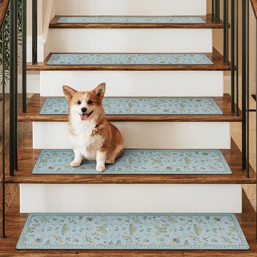 OJIA Insect Stair Treads for Wooden Steps 15PC 30"x8" Non-Slip Stair Runner | Indoor Stair Runners Carpet Stair Treads Mats Staircase Step Treads for Kids, Elders & Dogs, Stair Covers, Blue