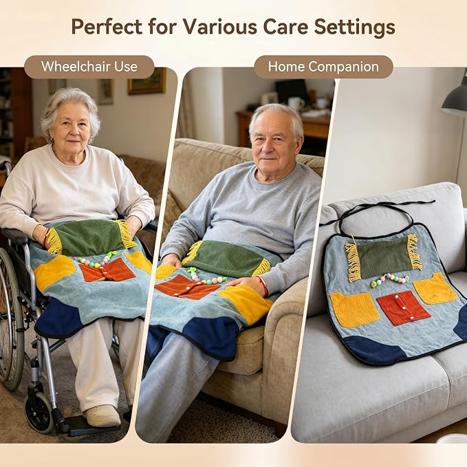 Blue Sensory Fidget Lap Blanket | Warm Fleece Activity Pad, Fine Motor Skills Toys, Calming Engagement for Elderly & Dementia, Fits Wheelchair & Chair