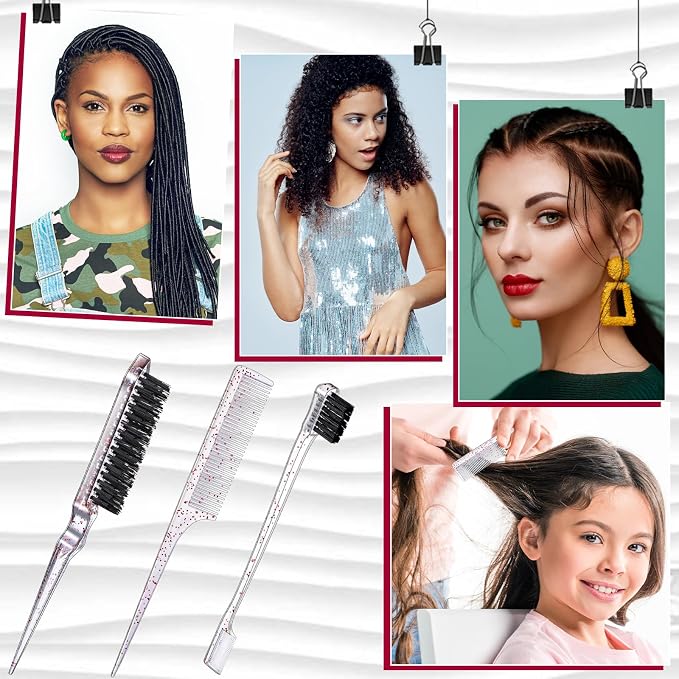 Geiserailie 3 Pcs Slick Back Hair Brush Set Bristle Brush Edge Control Teasing Comb for Women Black Hair(Clear Colorful)