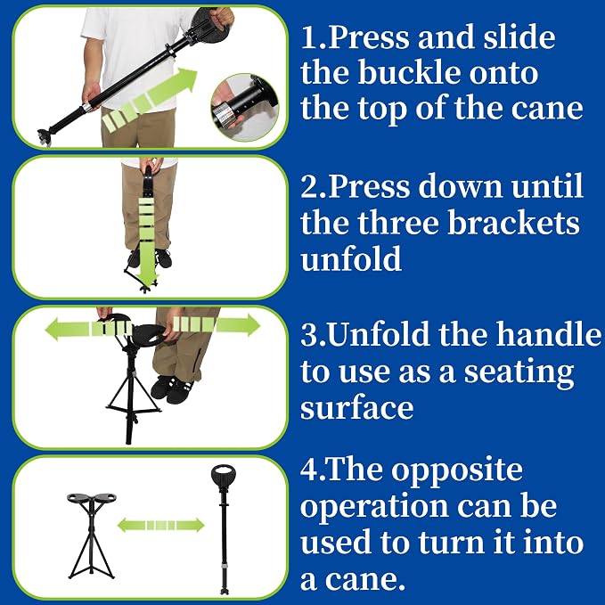 Walking Cane with Seat, Cane Chair with Cushion Folding Lightweight Portable Seat for Adults Seniors Camping Hiking Travelling