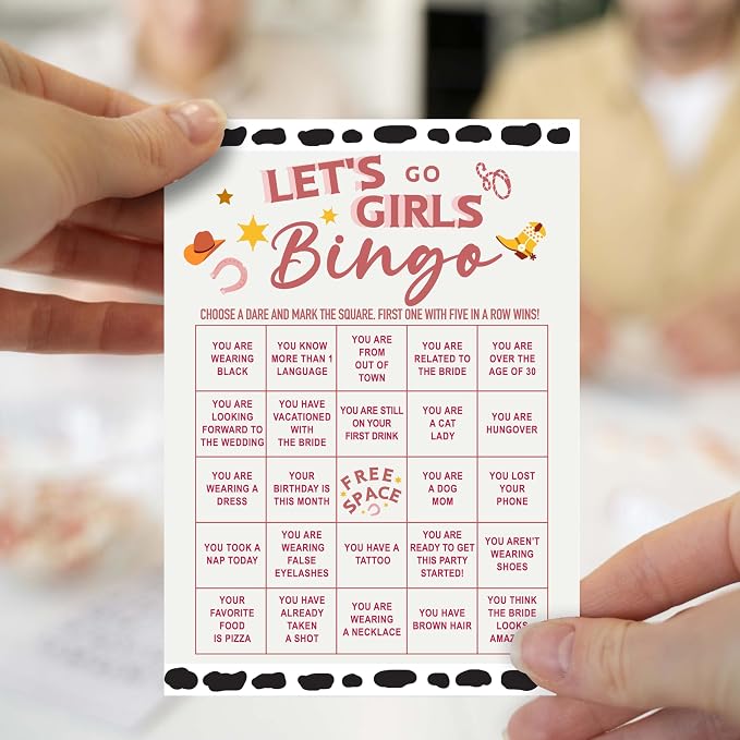 Cowgirl Bingo Game Cards, Western Cowgirl Games for Adults, Bachelorette Party Bingo Cards Supplies, Slumber Party Sleepover Party Decor Favors, Card Gifts for Women Friends Family Birthday, 08, Pink
