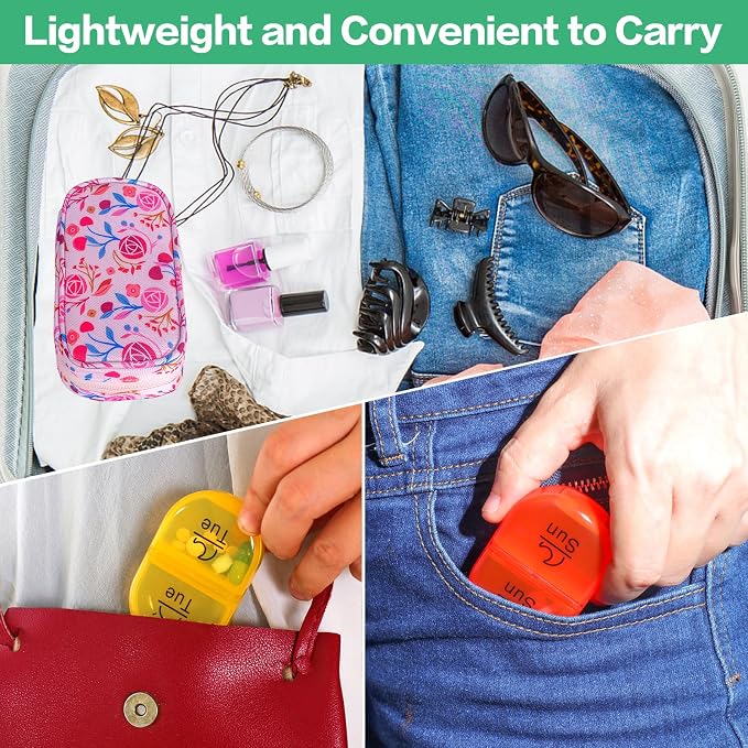 Serfeymi Weekly Travel Pill Organizer 2 Times A Day AM PM Upgraded Rainbow Pill Box 7 Day with Portable Zipper Canvas Pill Case, Medicine Organizer for Pills, Vitamins, Fish Oils - Pink 01