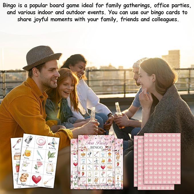 Tea Party Bingo Game Cards, Pink Floral Bingo Set for Adults Large Group, Garden Tea Themed Fun Games, Bridal Shower Bachelorette Party Activities, Icebreaker Games for Family Friends -22