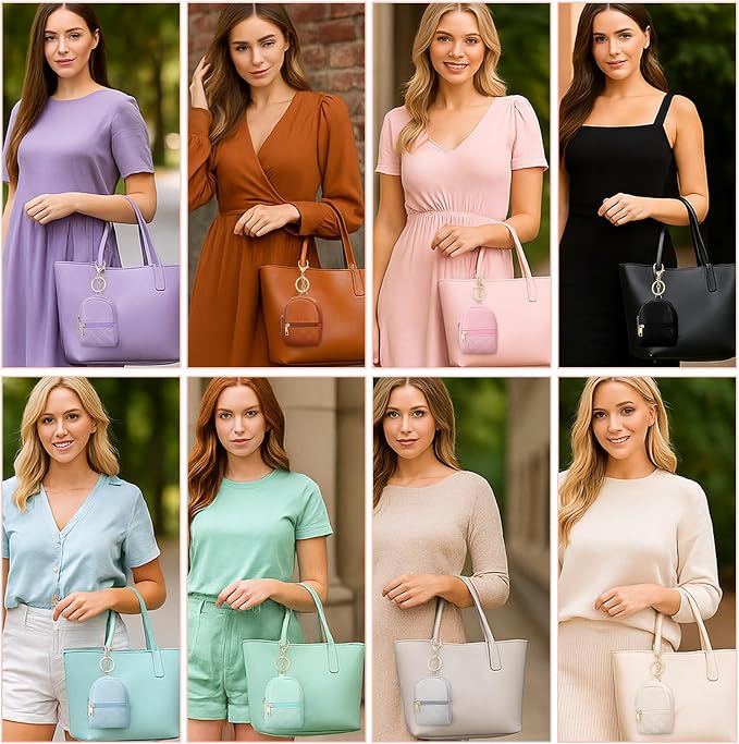 Liliaafar 8 Pcs Mini Backpack Keychain Mini Coin Purses for Women Cute PU Leather Makeup Bag with Keychain, Multi Pocket Card Holder Cable Organizer Giftable Zipper Pouch (Minimalist)