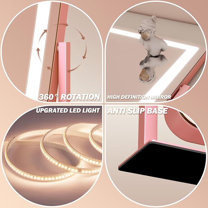 FENNIO Vanity Mirror with Lights 22''x17'' Makeup Mirror,Vanity Mirror Touch Screen with 3-Color Lighting,Dimmable,for Vanity Desk Tabletop(Pink)