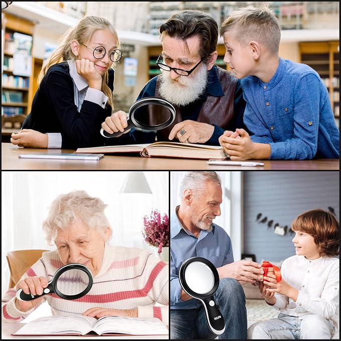 10X Lighted Large Handheld Reading Magnifier Glasses | 18 LED Lights for Macular Degeneration, Seniors & Kids Reading, Inspection, Coins, Jewelry, Exploring