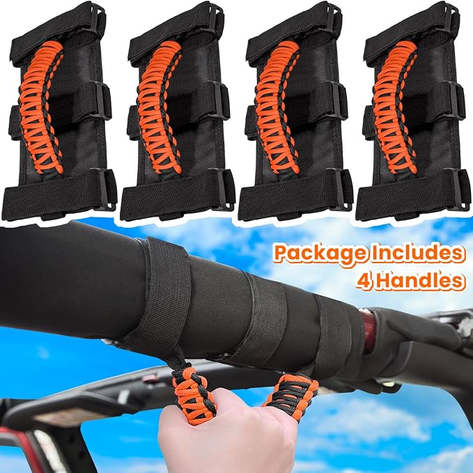 4 x Roll Bar Grab Handles Grip Handle for Jeep Wrangler JK JKU JL JLU TJ YJ Sports Sahara Freedom Rubicon Unlimited Gladiator JT 1955-2023 UTV ATV Premium 550 Paracord Interior Accessories (Orange)