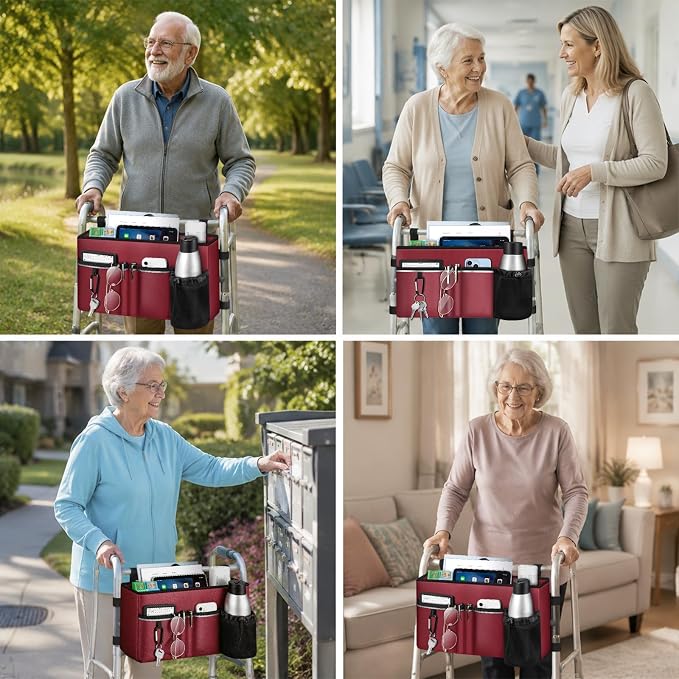 FINPAC Large Walker Tote Bag w/Cup Holder, Folding Walker Attachment Pouch | Water-resistant Polyester, Organized Pockets, Reflective Strip, Mobility Aid Storage Basket for Seniors, Burgundy