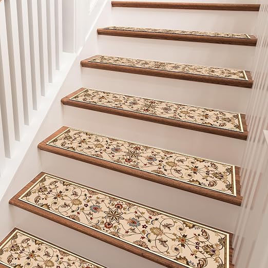 Vintage Stair Treads for Wooden Steps, 15 Pack Stair Runners Non Slip Indoor 8" X 30", Washable Carpet Rugs with Silicone Backing for Kids Elders and Dogs