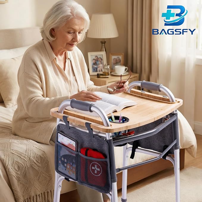 Walker Tray Table with Side Pockets & Cup Holder for Folding Walkers, Foldable Bamboo Walker Tray for Seniors, Stable Walker Accessories with Raised Edges for Meals, Drinks, Reading &Daily Living
