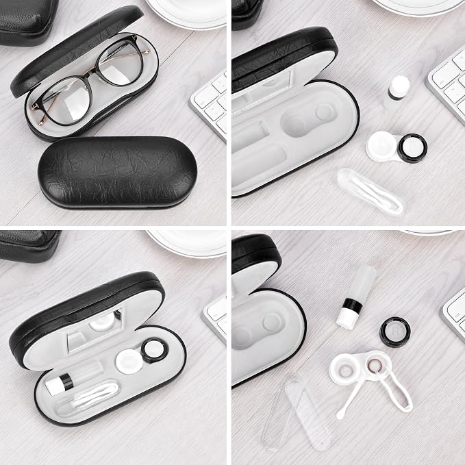 Muf 2 in 1 Contact Lens Case and Glasses Case, Double Sided Design with Mirror, Portable Travel Kit with Tweezer, Remover and Solution Bottle, Black 02