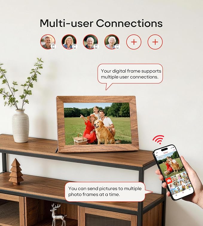Frameo 10.1" Digital Picture Frame with 32GB Memory WiFi Electronic Photo Frame Wood 1280 x 800 IPS Touch Screen Auto-Rotate Slideshow Wall Mountable Share Photos/Video Remotely Anywhere