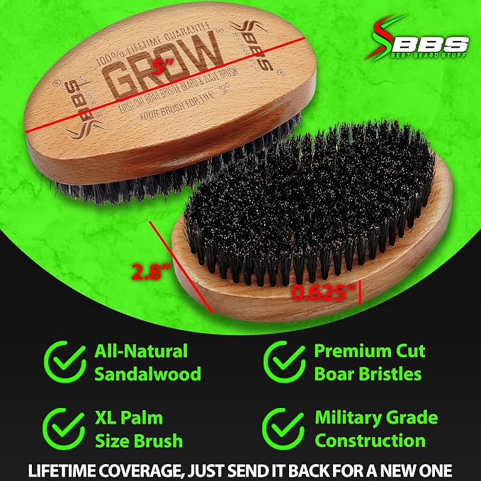 Beard Growth Kit w/GROW XXL Beard Oil/Serum for Facial Hair Growth for Men + 100% Lifetime Replacement First Cut Boar Bristle Brush & 360 Wave Brush for Men - Formulated in America