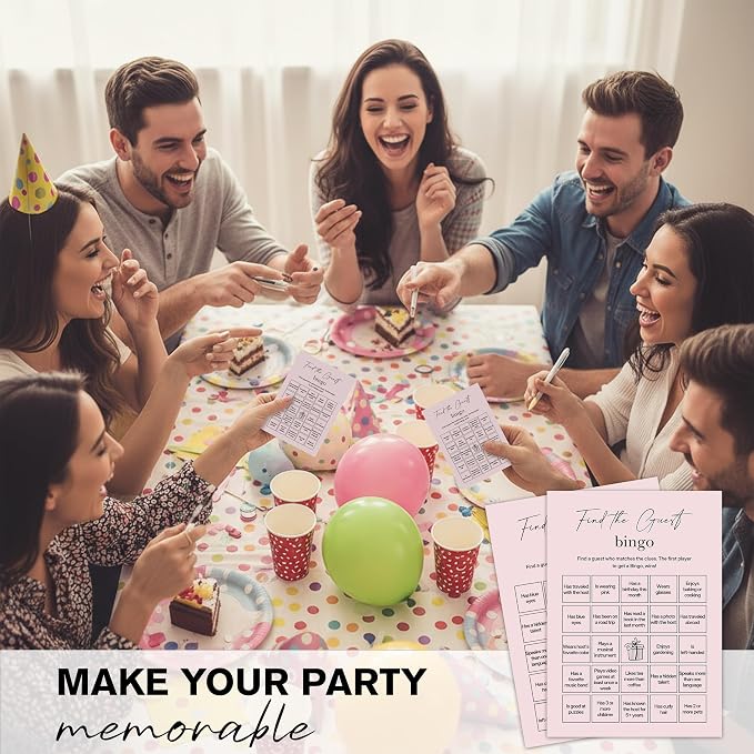 Find The Guest Bingo Cards – 25 Unique Cards, Icebreaker Party Games for Adults, Rustic Blush Pink Mingle Activity for Birthday Parties, Family Reunions, Office Events & Friendsgiving