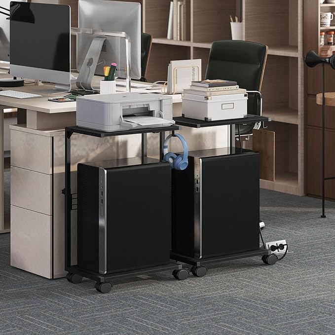 PC Stand, Height Adjustable Computer Tower Stand, 19.7"-31.5" H, Computer Cart with Charging Station, Wheels and Hooks, CPU Holder for Floor, Carpet and Under Desk, Easy Assembly, Black