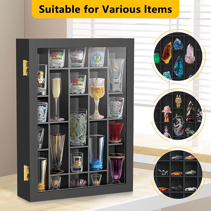 Invech Black Shot Glass Display Case Wall Mounted, Irregular Shot Glass Holder Storage for Home and Bar Decor