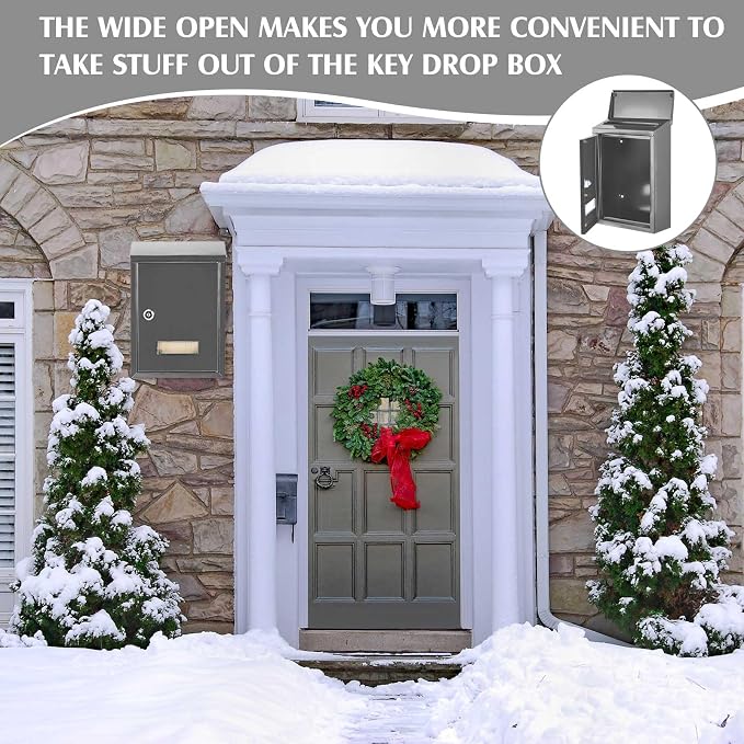 Amylove Weatherproof Mail Boxes with Key Lock, Security Locking Wall Mount Metal Mailbox with Slot for Outside, Large Capacity for Mail, Packages, Donations, Voting 11. 8" h x 8. 3" l x 2. 8" w, Gray