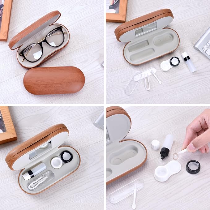 Muf 2 in 1 Contact Lens Case and Glasses Case, Double Sided Design with Mirror, Portable Travel Kit with Tweezer, Remover and Solution Bottle, Walnut Wood