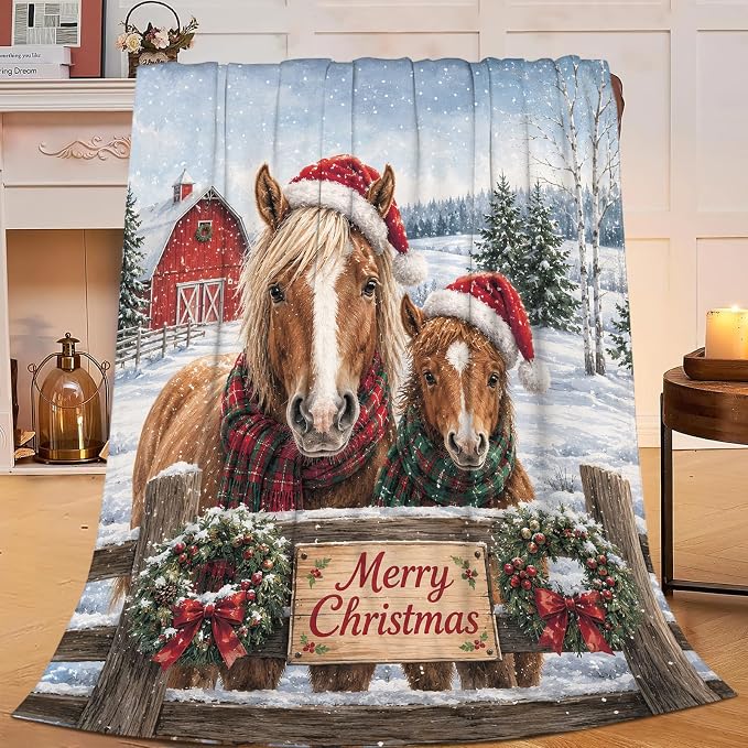 Yibuda Christmas Horse Throw Blanket Gift for Girl 60"X50" | Soft flannel throw blanket for couch, bed & travel, ideal for adults, kids & pet lovers, perfect cozy home decor gift.