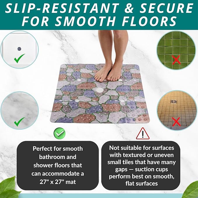 ENKOSI Square Shower Mat 27x27 inch - Anti Slip Shower Stall Floor Mat - Non Slip Shower Mats with Strong Secure Suction Cups and Drain Holes in Middle (27x27 Stone Path)