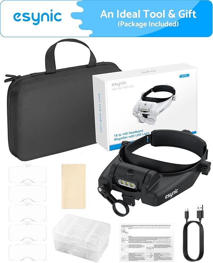 eSynic USB C Rechargeable Head Magnifier Wear Comfortably Magnifying Headset with A Carrying Case-1 to 14X Magnification 5 Acrylic Lenses 3 LED Lights Headband Magnifying Glass for Reading Crafts