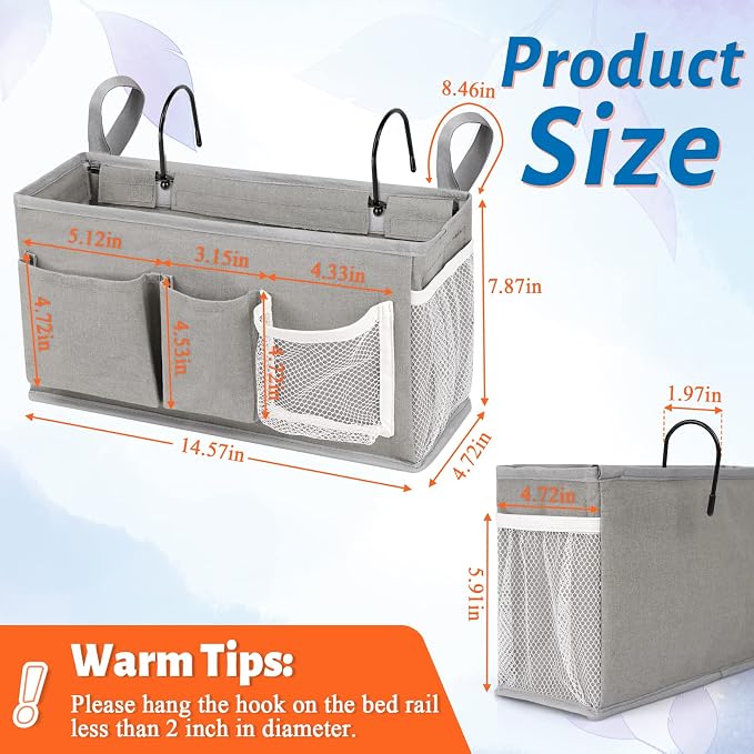 Bedside Caddy, Bedside Storage Bag Hanging Organizer for Bunk Dorm Bed Rail | Bed Caddy with Hooks, Top Bunks and Dorm Essentials for Water, Tissues, Tablets, Books, Phones, Remotes and Other Necessories