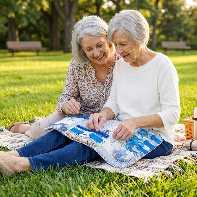 Fidget Blanket for Adults with Dementia w/Ten Dementia Gadgets & Activities, Best Gifts for Dementia Patients, 20 X 12 in, Blue Busy Blanket for Dementia Patients, Dementia Activities for Seniors