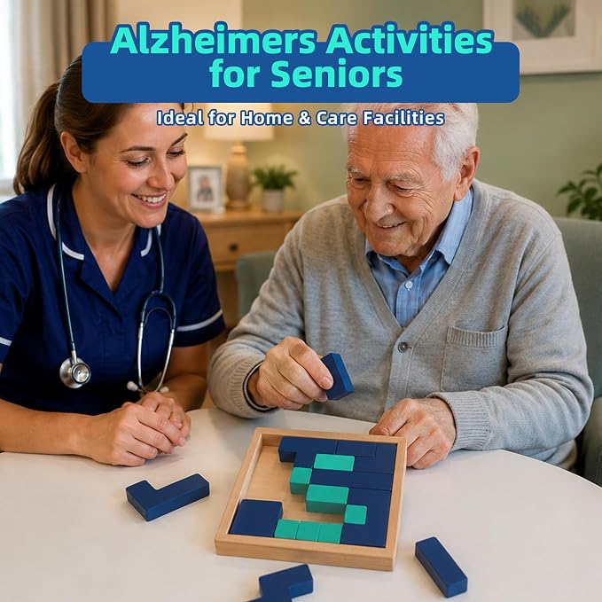 Wooden Puzzle, Memory Care Dementia & Alzheimer’s Seniors w/Storage Tray | 60 Graded Cognitive Support Levels, Easy-Grasp Wood Blocks, Multi-Use Sensory Fidget Tray for Home & Facility Memory Care