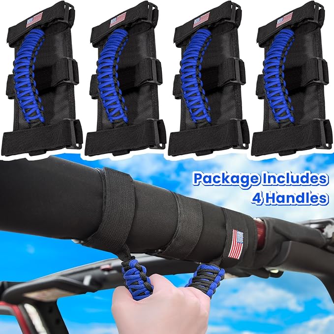 4 x Roll Bar Grab Handles Grip Handle for Jeep Wrangler JK JKU JL JLU TJ YJ Sport Sahara Freedom Rubicon Unlimited Gladiator JT 1955-2023 UTV ATV Premium Paracord Interior Accessories US Flag (Blue)