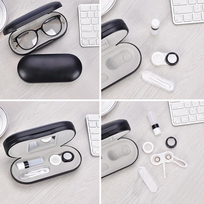 Muf 2 in 1 Contact Lens Case and Glasses Case, Double Sided Design with Mirror, Portable Travel Kit with Tweezer, Remover and Solution Bottle, Black 04